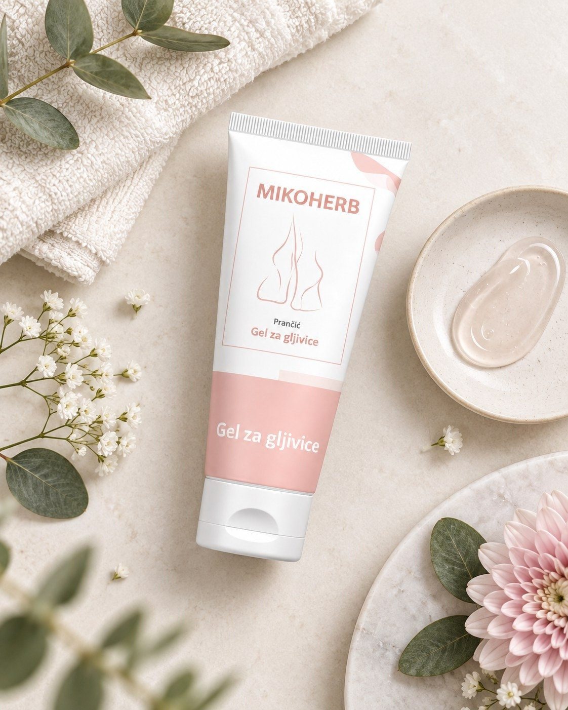 MIKOHERB GEL върху светла повърхност с декоративни цветя